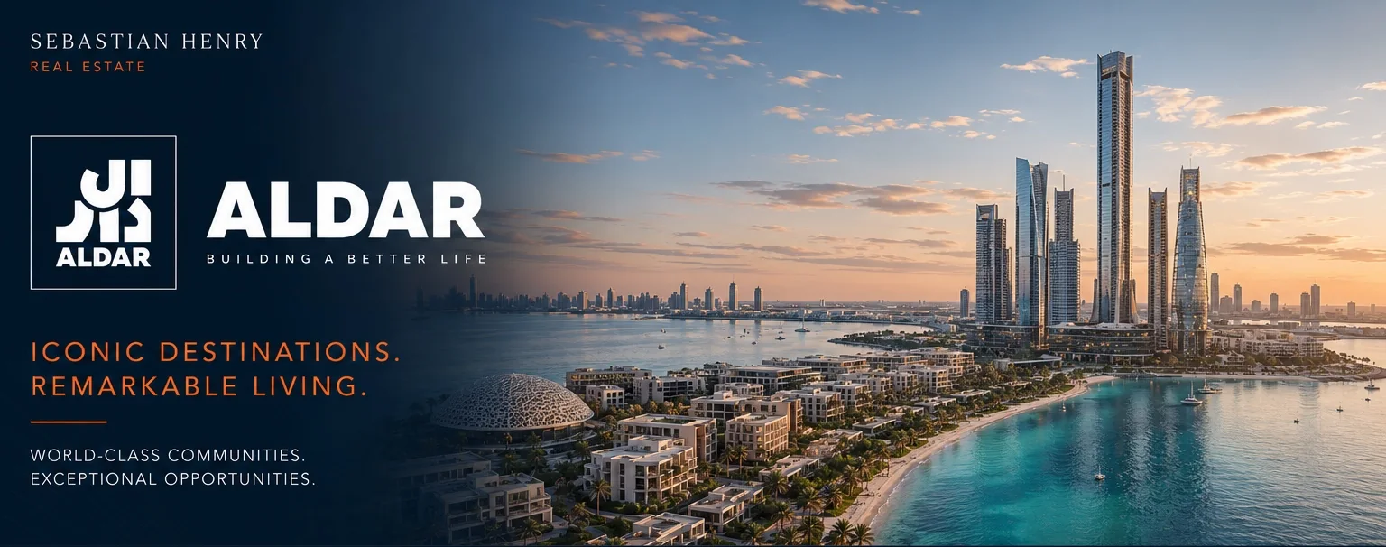 Sebastian Henry editorial artwork showing Aldar waterfront communities and Abu Dhabi architecture